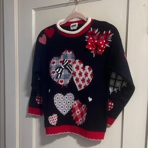 Vintage Valentine’s Galentine’s Heart Sweater with Bows Navy Red Plaid